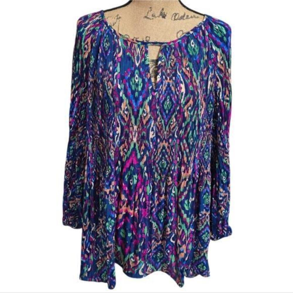 Faenza Blue and Pink Pleated Flattering Long Sleeve Blouse Plus Size 3X New